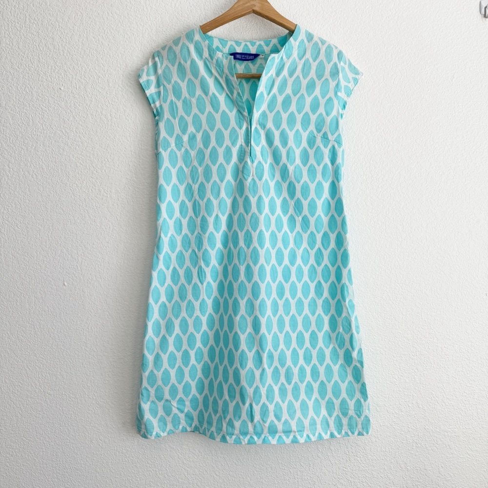 Three Islands Cotton Dress Resort Style Blue and White Medium